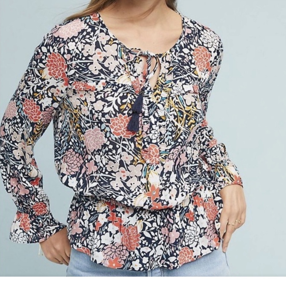 ANTHROPOLOGIE MAEVE Begonia floral peplum ruffle Peasant Top small